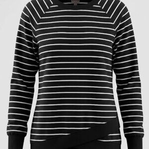 Danskin Black White Striped Long Sleeve Crossover Hem Sweatshirt